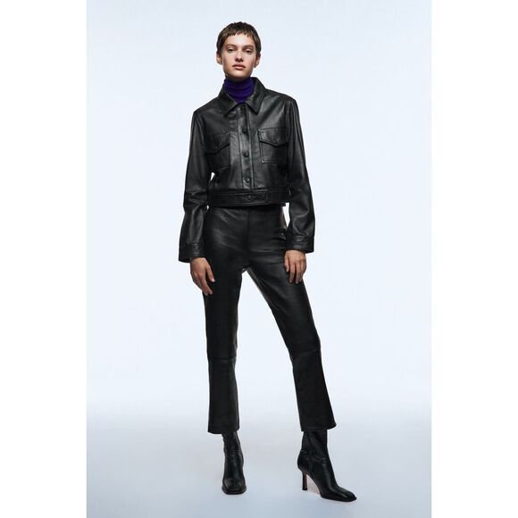 Black Zara 100% Leather High Waisted Cropped Bootcut Kick Flare Pants (NWT) - Picture 2 of 9